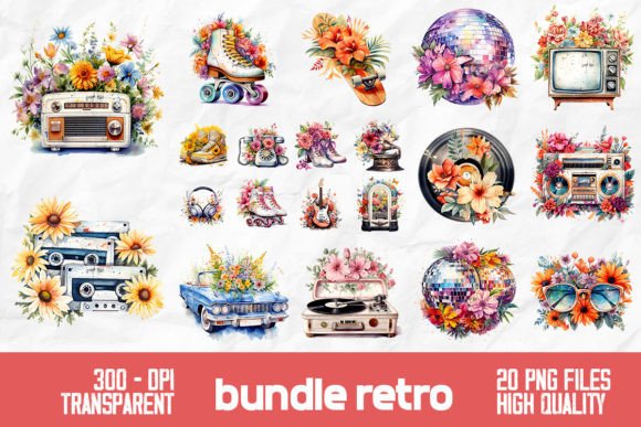 Download Retro Watercolor Flowers Bundle Design - Watercolor Collection