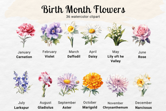 Download Birth Flower Watercolor Clipart - Watercolor Collection