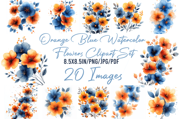 Download Orange Blue Watercolor Flowers Clipart S - Watercolor Collection