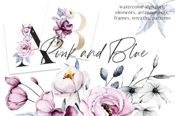 Download Watercolor Pink and Blue Flowers Peonies - Watercolor Collection