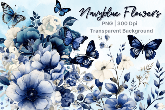 Download Navy Blue Flower, Watercolor Butterfly - Watercolor Collection